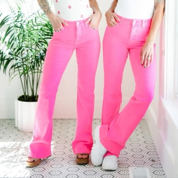 Judy Blue Denim - Neon Pink High Rise Flare Jeans By Risen x Freckled Poppy NWT Sz 11/30 Barbie